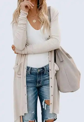 This light gray button-up cardigan offers a stylish and practical layering option for soccer moms. Its neutral color and comfortable fit make it perfect for pairing with jeans and a tee. Stay cozy and chic while cheering from the sidelines.