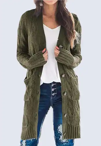 This olive green knit cardigan is perfect for the layered up soccer mom wear. Its cozy texture and deep color add warmth and style to any outfit. Pair it with a neutral tee and jeans for a comfortable and fashionable look on the sidelines.