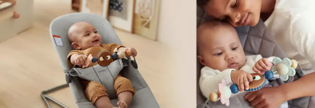 A baby actively engaging with the BabyBjorn Googly Eyes Toy Bar, illustrating the toy bar's ability to stimulate play and interaction during active awake times.