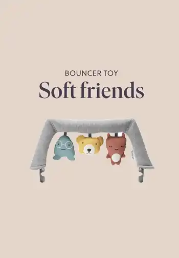 BabyBjorn Soft Friends Toy Bar featuring plush toys that are gentle for baby to touch and explore.