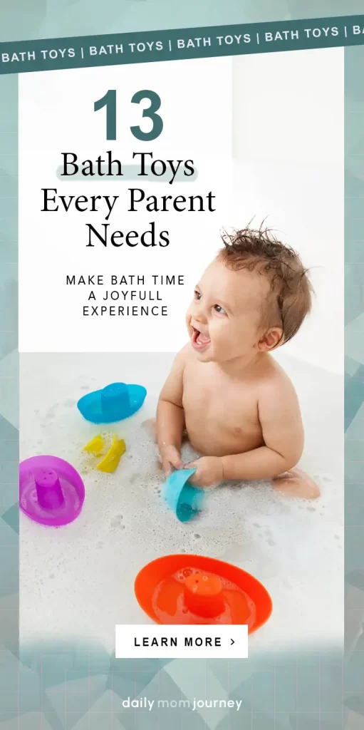 A happy baby playing with vibrant baby bath toys in a bubbly bath, showcasing must-have items that turn bath time into a joyful experience for both parents and children.