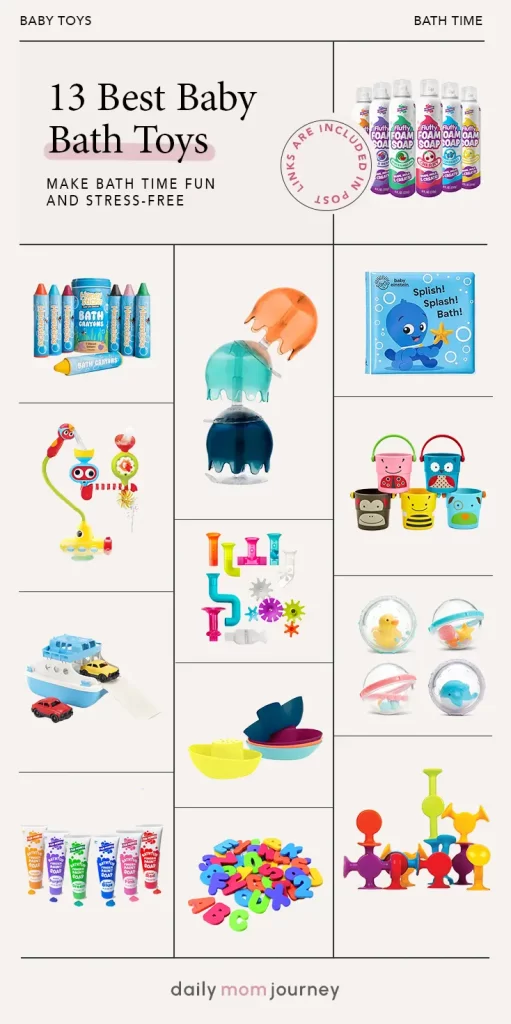 A selection of the best baby bath toys, including foam soaps, bath crayons, and interactive toys, arranged to highlight their features and benefits for making bath time fun and stress-free.