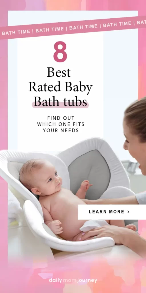 Baby sitting in a soft baby bath tub, smiling at mother, text overlay "8 Best Rated Baby Bath Tubs. Find out which one fits your needs."