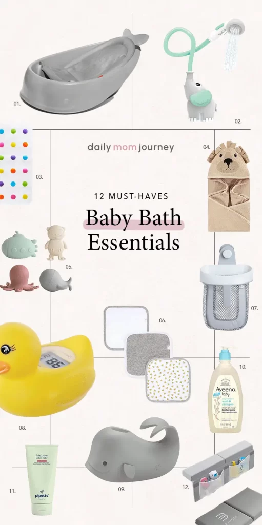 An assortment of baby bath essentials including a bathtub, rinse cup, hooded towel, and bath thermometer. Text overlay reads "12 Must-Have Baby Bath Essentials."