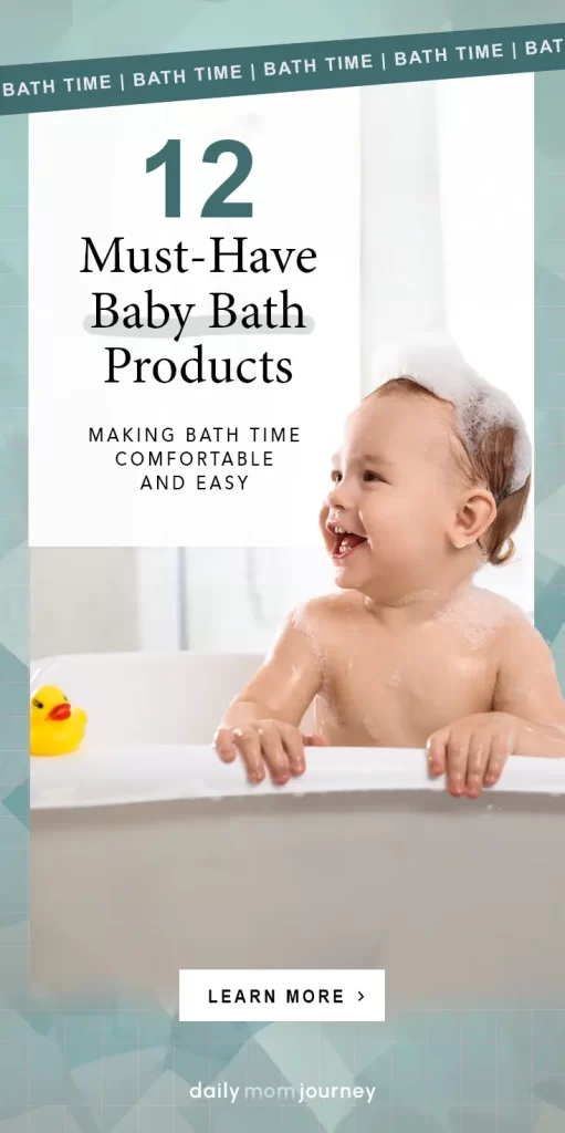 A smiling baby enjoying bath time with a rubber ducky in the bathtub. Text overlay reads "12 Must-Have Baby Bath Products: Making Bath Time Comfortable and Easy."