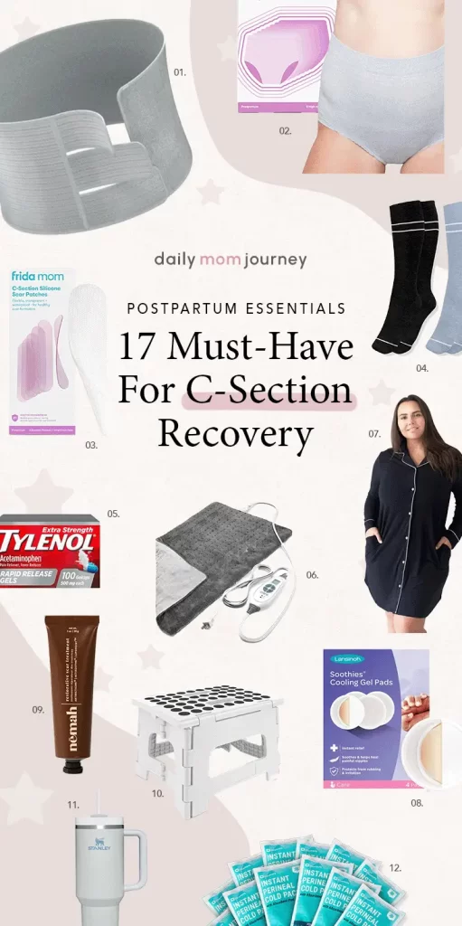 Collection of 17 must-have C-section recovery products, including belly binders, postpartum pajamas, and pain relief items.