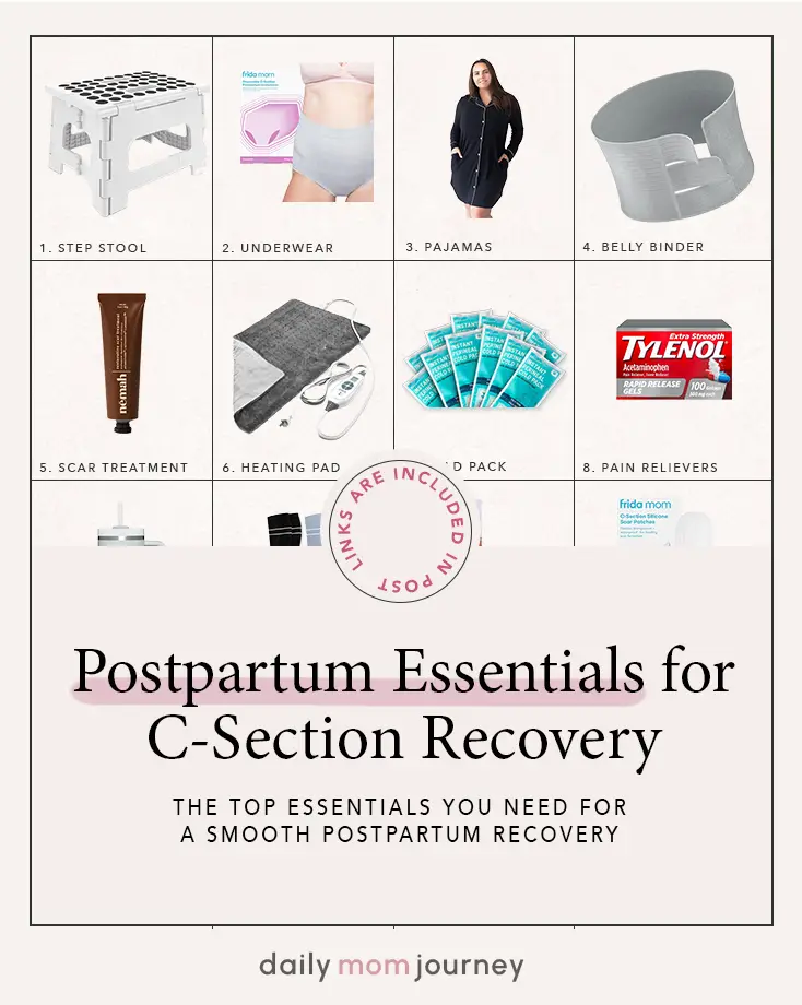 A visual guide showcasing top postpartum essentials for a smooth C-section recovery, including step stool, special underwear, pajamas, belly binder, scar treatment, heating pad, cold pack, pain relievers, and more.