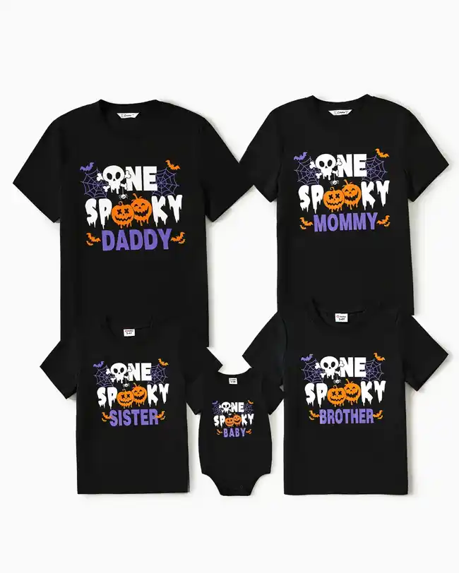 Matching family Halloween pajamas featuring black tops with 'One Spooky' text personalized for each family member (Daddy, Mommy, Sister, Brother, Baby), adorned with festive pumpkins, skulls, bats, and spiderweb graphics, perfect for a coordinated and spooky Halloween celebration.