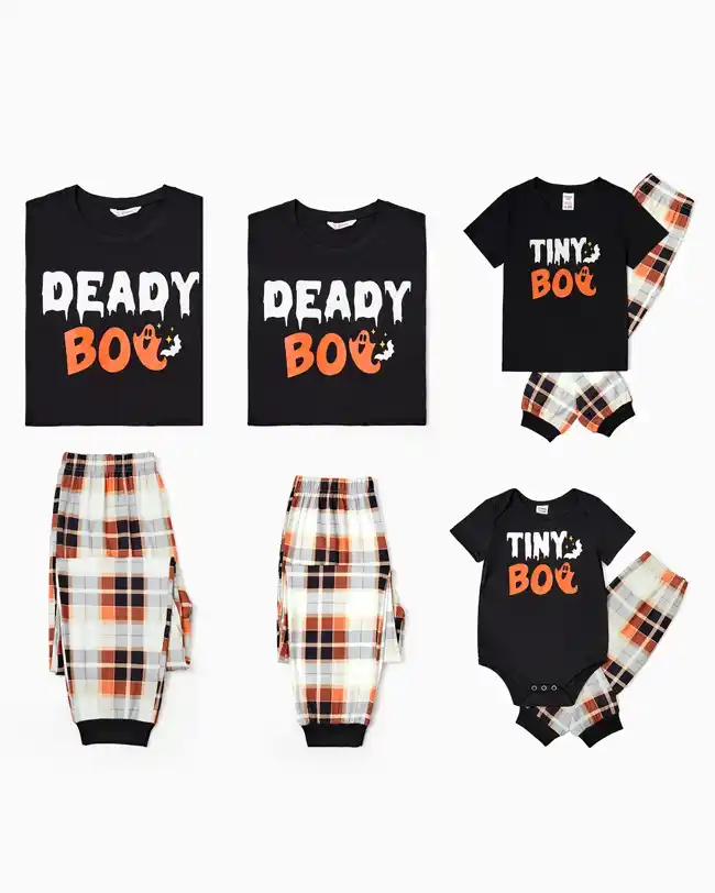 Matching family Halloween pajamas featuring black tops with 'Deady Boo' and 'Tiny Boo' text and playful ghost graphics, paired with cozy plaid bottoms, perfect for adding a festive and playful twist to your Halloween celebrations.