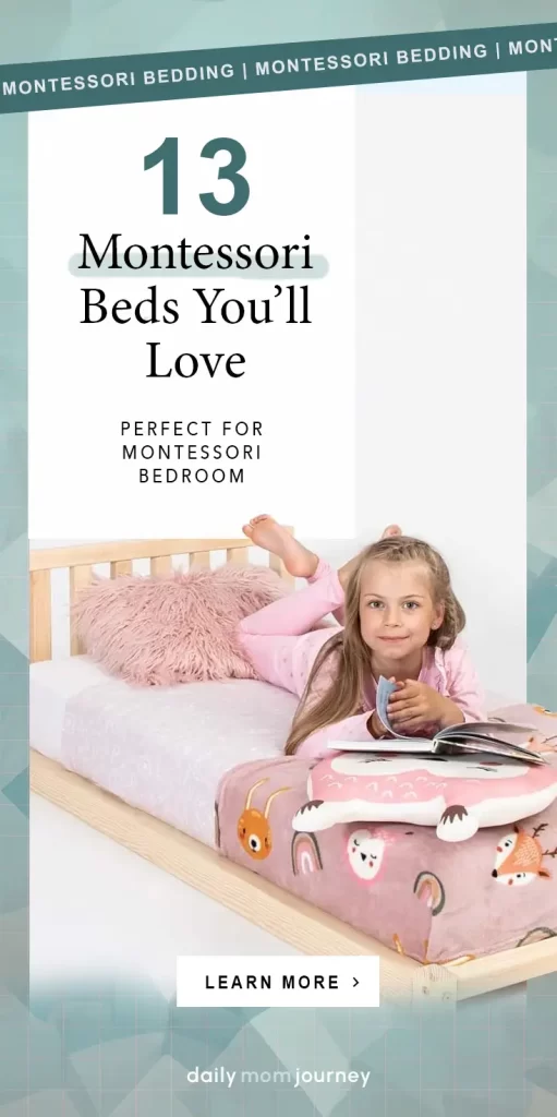 A young girl lying on a cozy Montessori bed with pink and animal-themed bedding, representing one of the 13 Montessori beds you'll love for a Montessori bedroom.