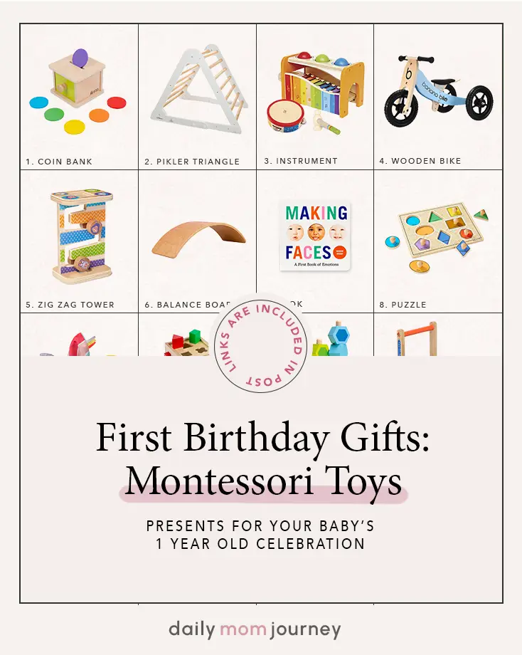 A collage of Montessori toys for one-year-olds, including a coin bank, Pikler triangle, instrument set, wooden bike, zig-zag tower, balance board, emotional faces book, and puzzle. Perfect first birthday gifts for your baby's 1-year-old celebration.