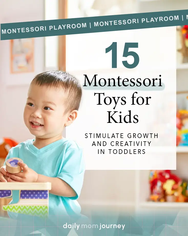 A young child playing with a colorful wooden Montessori toy. The image promotes 15 Montessori toys for kids, emphasizing the stimulation of growth and creativity in toddlers.