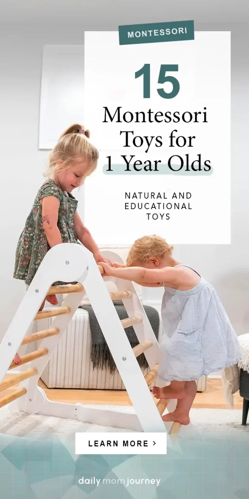 Two young children playing on a Pikler triangle. The image promotes a guide for the best Montessori toys for 1-year-olds, emphasizing natural and educational playtime.