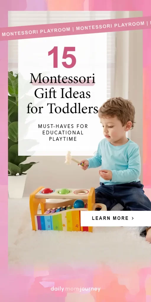 A toddler sitting on a carpet playing with a colorful Montessori hammer toy. The image highlights a guide for Montessori gift ideas for toddlers, focusing on educational playtime.