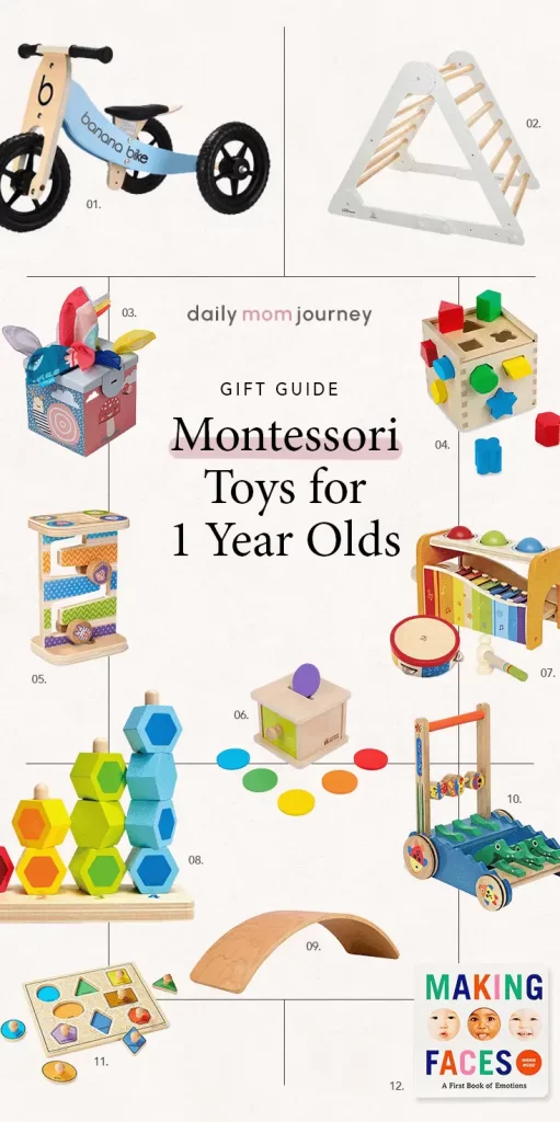 A collage showcasing various Montessori toys for 1-year-olds, including a balance bike, Pikler triangle, activity cube, and more. These toys are designed to enhance development and learning through play.