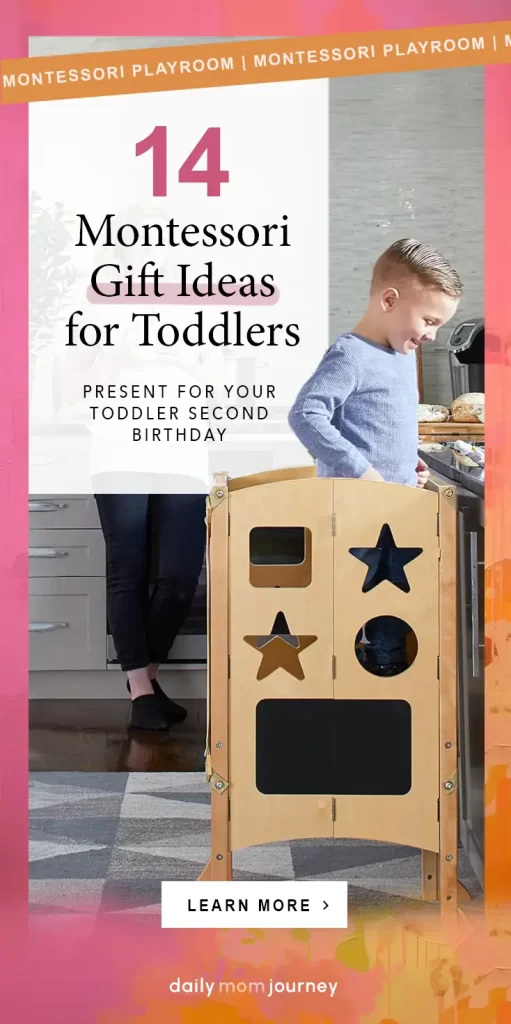 A young boy enjoying a Montessori wooden learning tower in the kitchen, showcasing one of the best educational toys for toddlers.