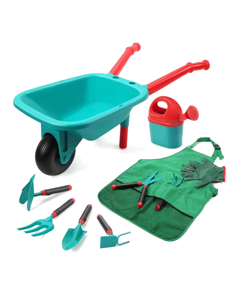 Kids Gardening Tool Set with wheelbarrow, watering can, apron, gloves, and various gardening tools.