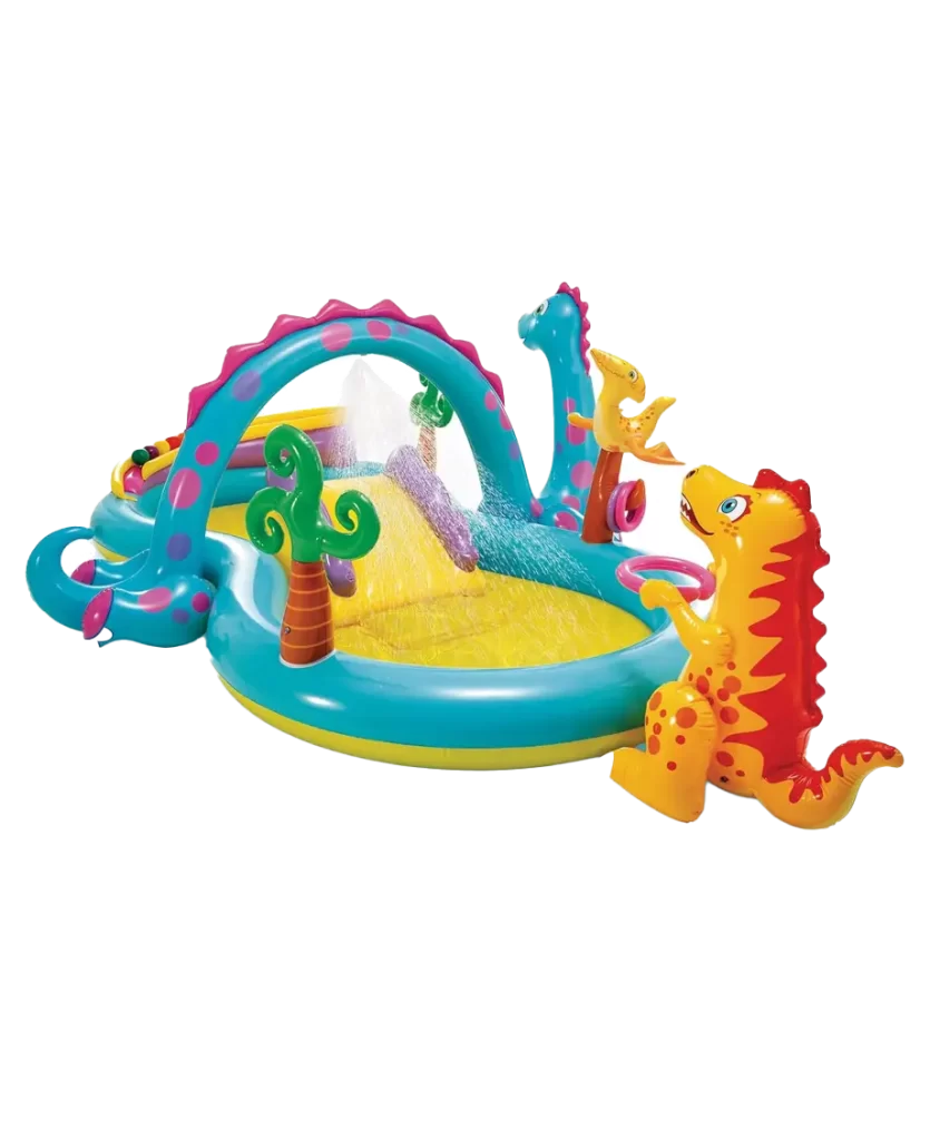 Intex Dinosaur Inflatable Play Center outdoor toy featuring a colorful dinosaur theme with a slide, water sprayer, and various playful elements.