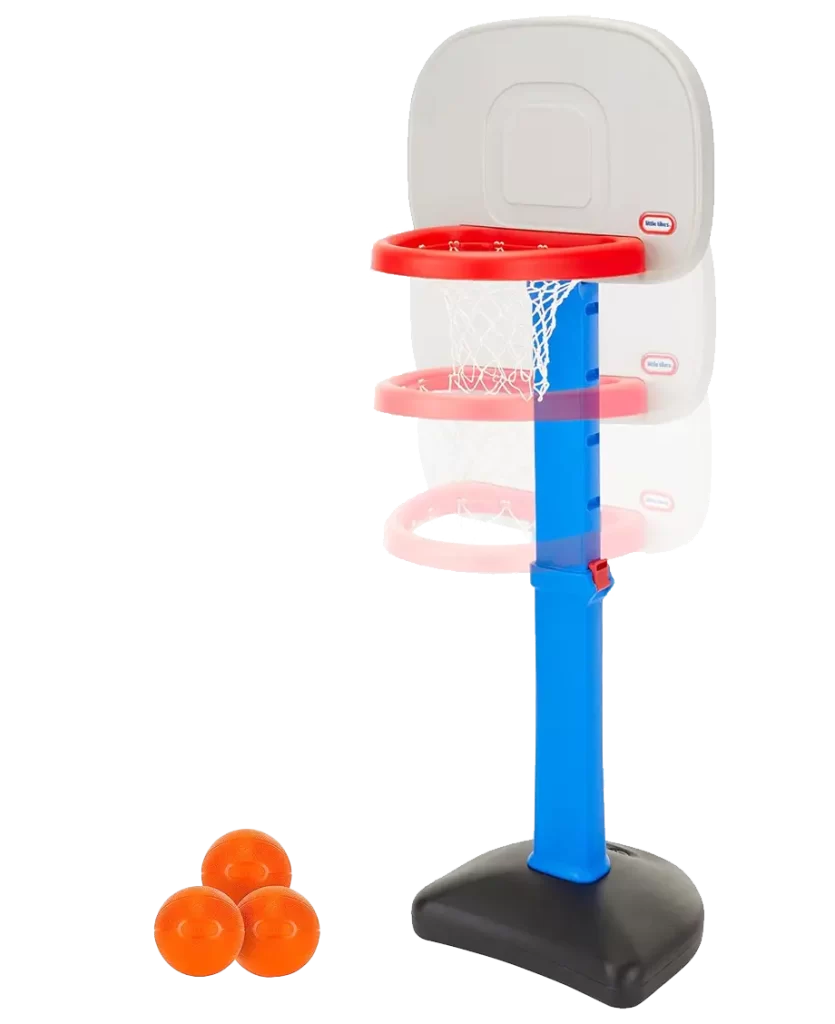 Little Tikes Easy Score Basketball Set with a red hoop, blue stand, and three orange basketballs.