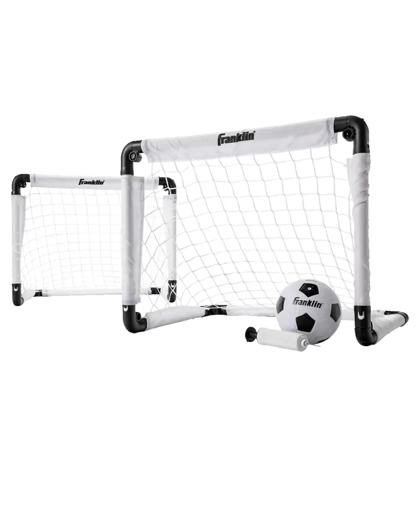 Franklin Sports Soccer Goal Set with two goals, a soccer ball, and an air pump.