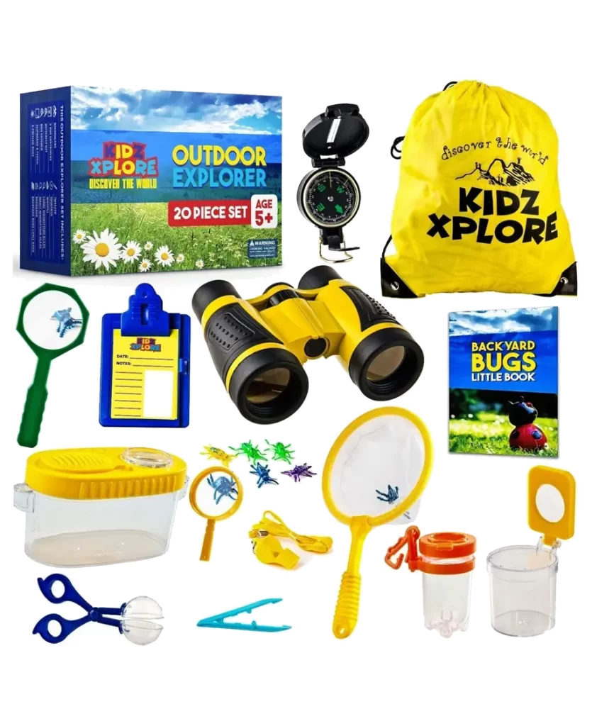 Kidz Xplore Outdoor Explorer Set featuring binoculars, a compass, a bug catcher, a magnifying glass, and other exploration tools.