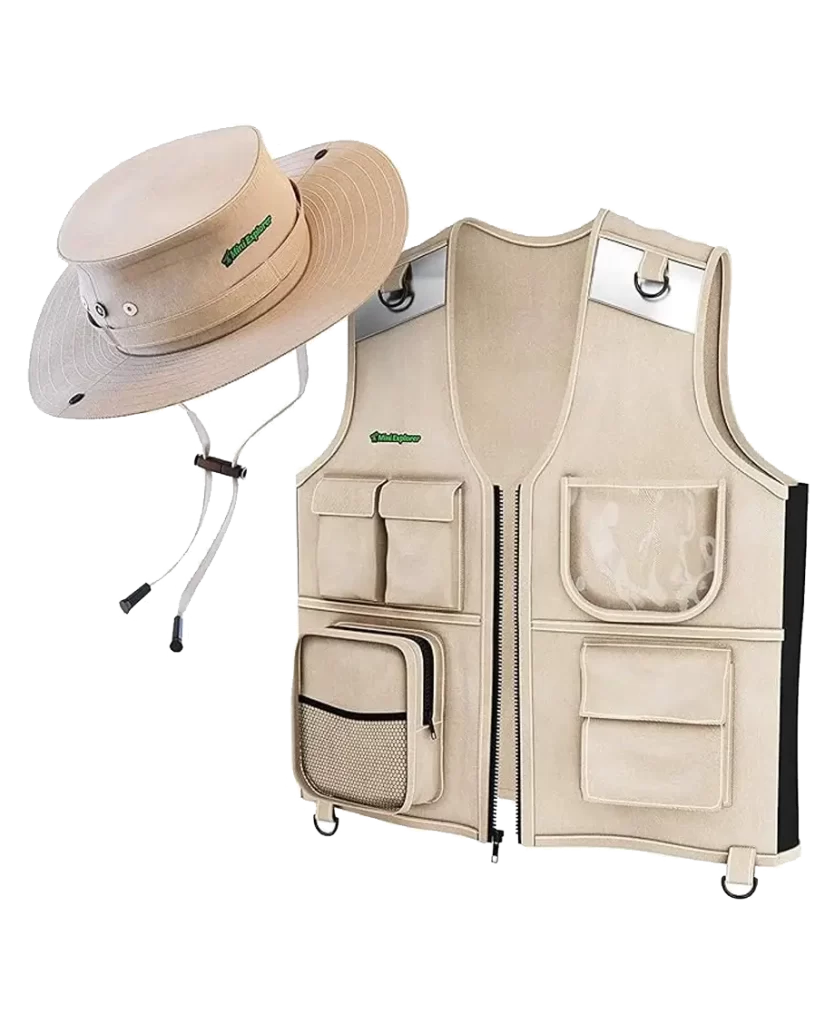 Outdoor Explorer Vest and Hat Set with multiple pockets and a wide-brim hat for kids.