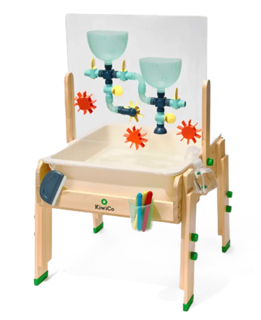 KiwiCo Water Play Table with wooden legs, dual funnels, and colorful gears for interactive water play.