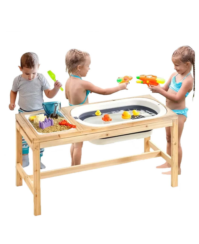 Sand and Water Table with wooden frame, featuring children playing with sand and water toys.