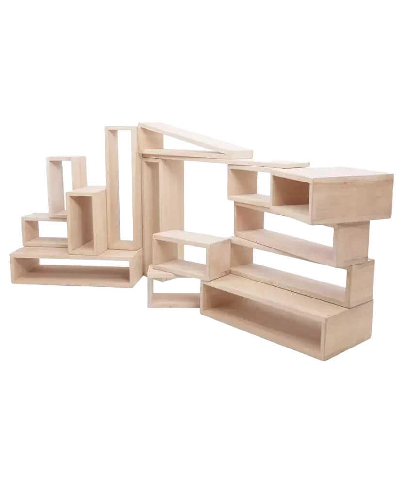 Wooden Outdoor Building Blocks Set featuring various sized blocks, arranged in creative and imaginative structures.