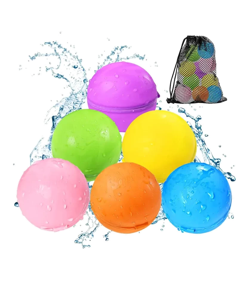 Soppycid Reusable Water Balls in various bright colors, with a splash of water and a mesh storage bag in the background.