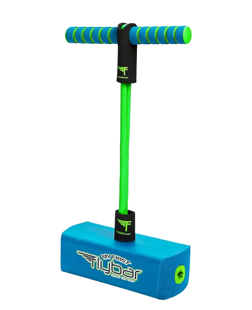 Flybar My First Foam Pogo Jumper with blue base, green handle, and foam grips, designed for safe and fun jumping.