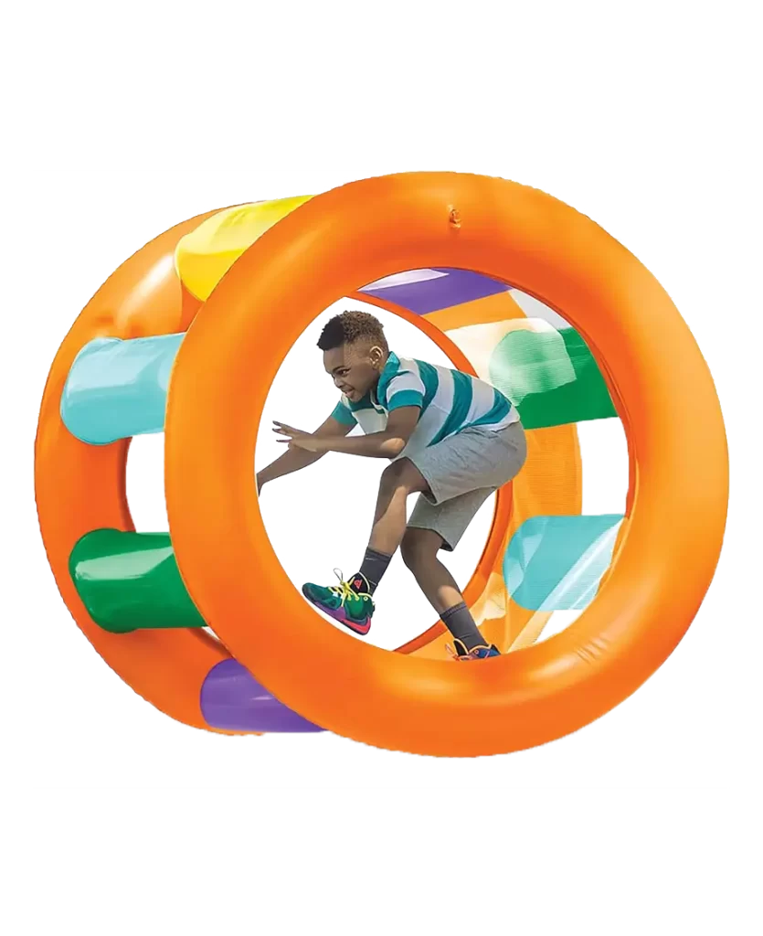 Intex Inflatable Giant Rolling Wheel outdoor toy with vibrant colors, featuring a boy playing inside the large inflatable wheel.