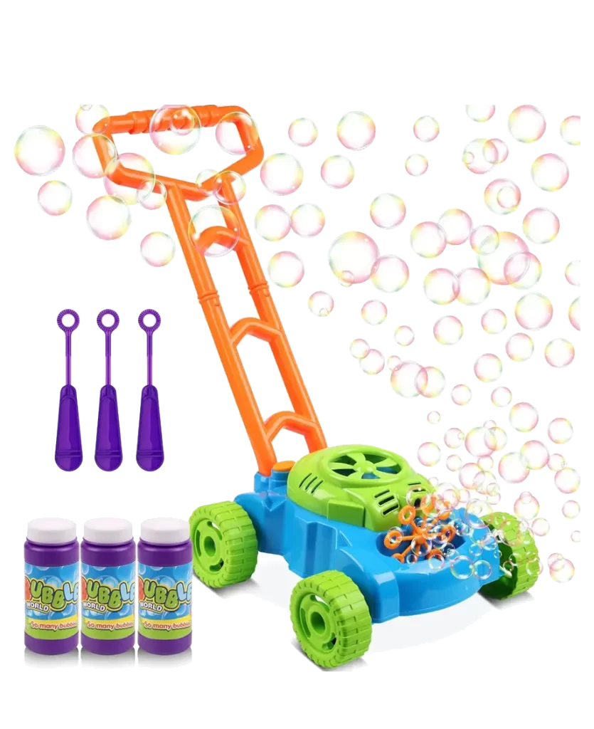 A colorful Bubble Lawn Mower with an orange handle, blue and green body, and three bottles of bubble solution, producing bubbles as it is pushed.