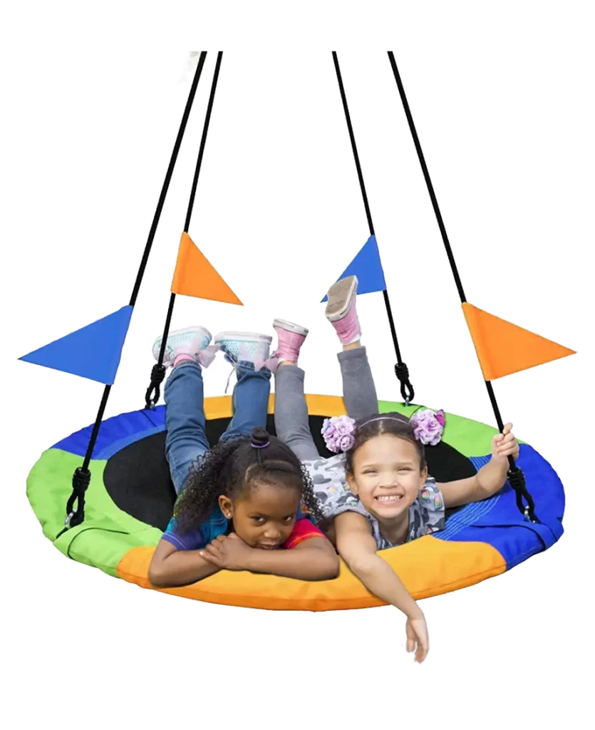 Flying Saucer Tree Swing with two children playing, featuring a colorful round seat and hanging straps.