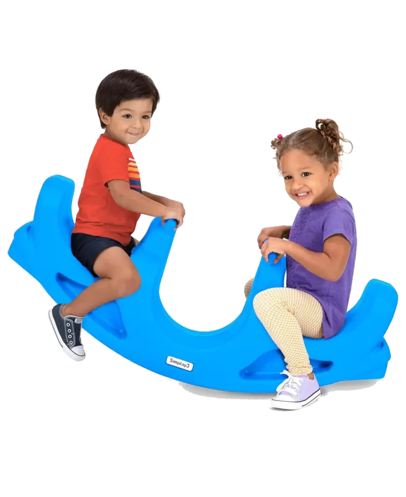 Simplay3 Rock and Roll Teeter Totter with two children playing, featuring a blue, durable rocking toy for outdoor fun.