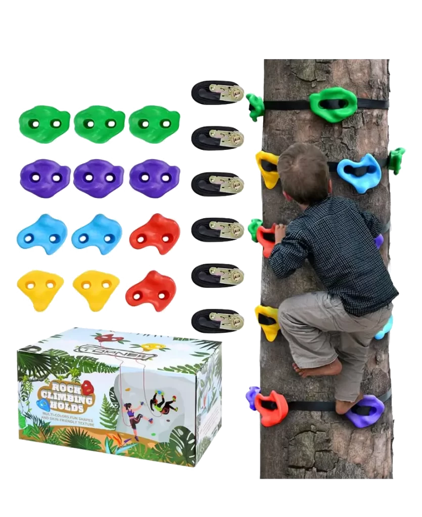 Rock Climbing Holds Set with colorful holds, straps, and a young boy climbing a tree using the holds.