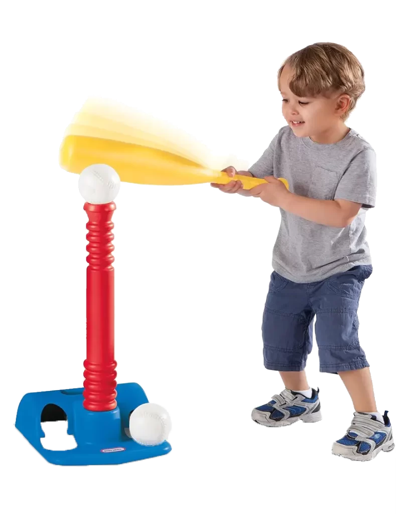 Little Tikes T-Ball Set with a red tee, blue base, yellow bat, and four white baseballs, with a child playing.