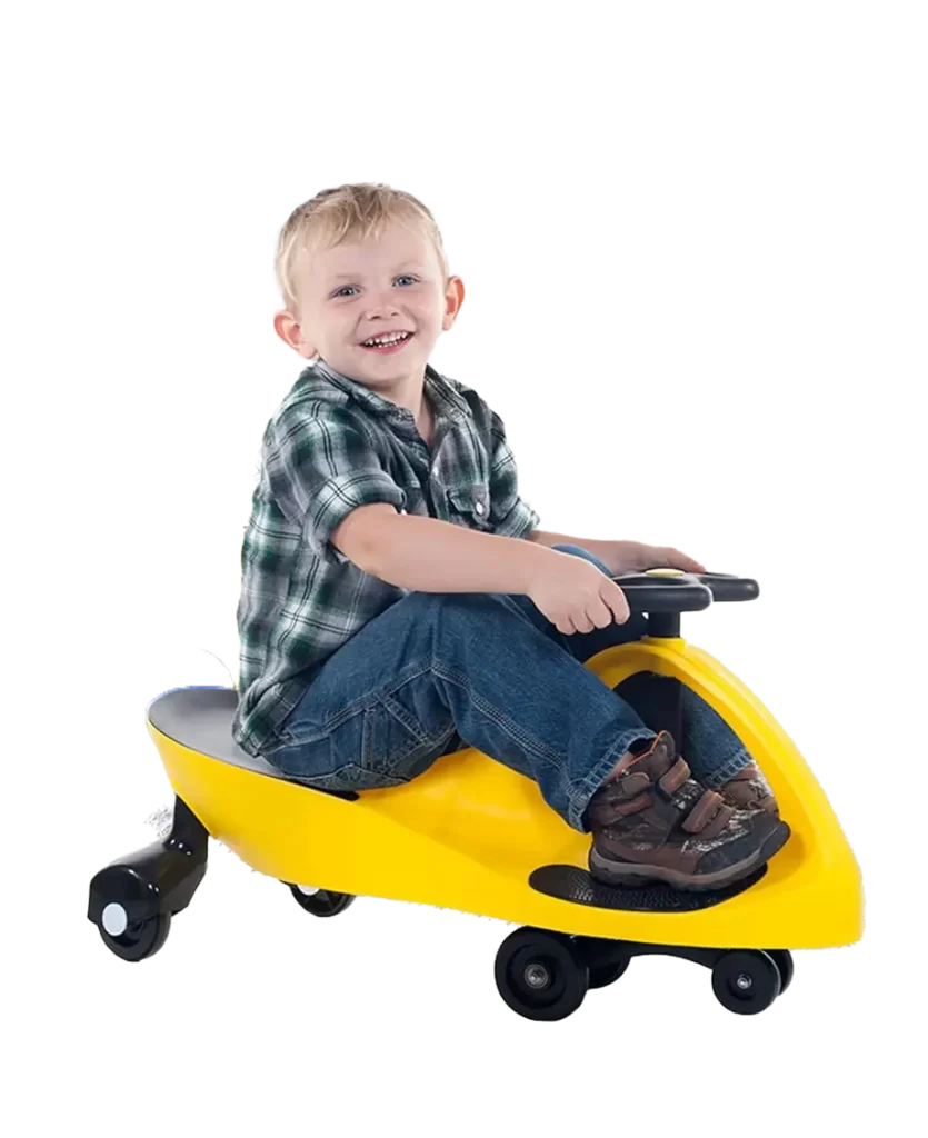 Yellow Lil' Rider Wiggle Car Ride-On Toy with a black seat and steering wheel, designed for smooth and fun riding.