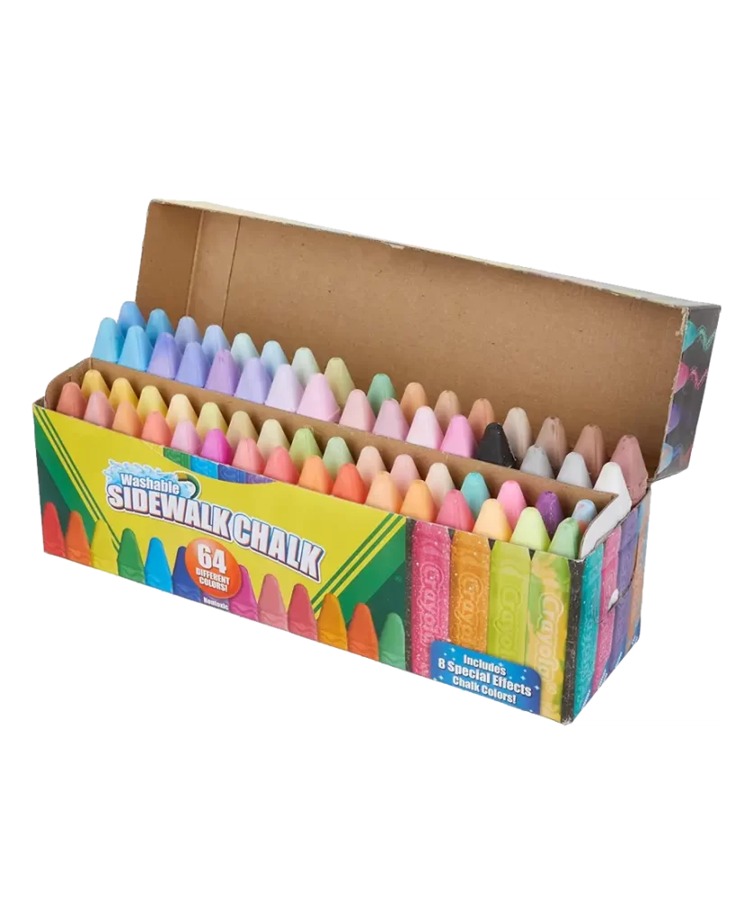 A box of Crayola Washable Sidewalk Chalk featuring 64 vibrant colors, neatly arranged in rows, ideal for outdoor drawing and creativity.