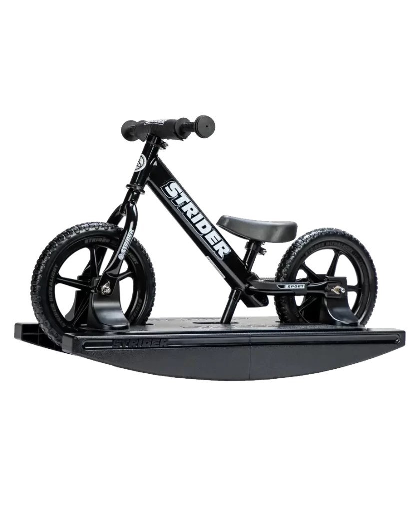 Strider 2-in-1 Rocking Bike featuring a black balance bike mounted on a rocking base, designed for young riders.