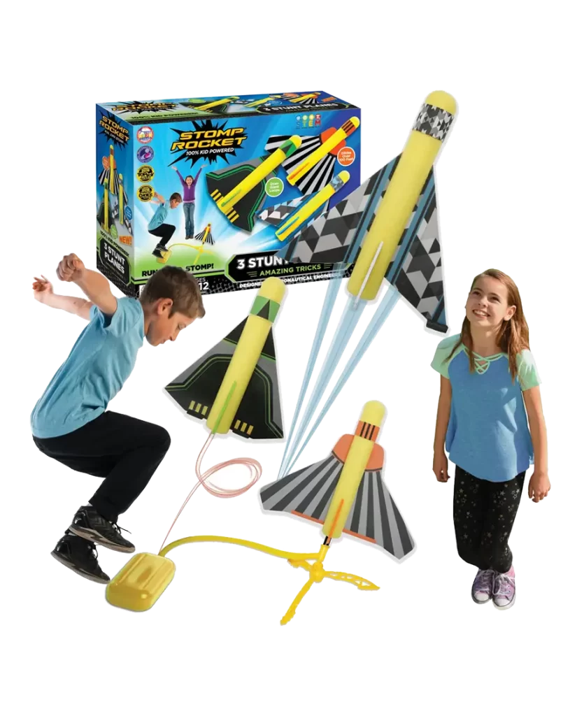 Stomp Rocket Stunt Planes outdoor toy set with launch pad, three stunt planes, and children playing, showcasing the exciting outdoor activity.