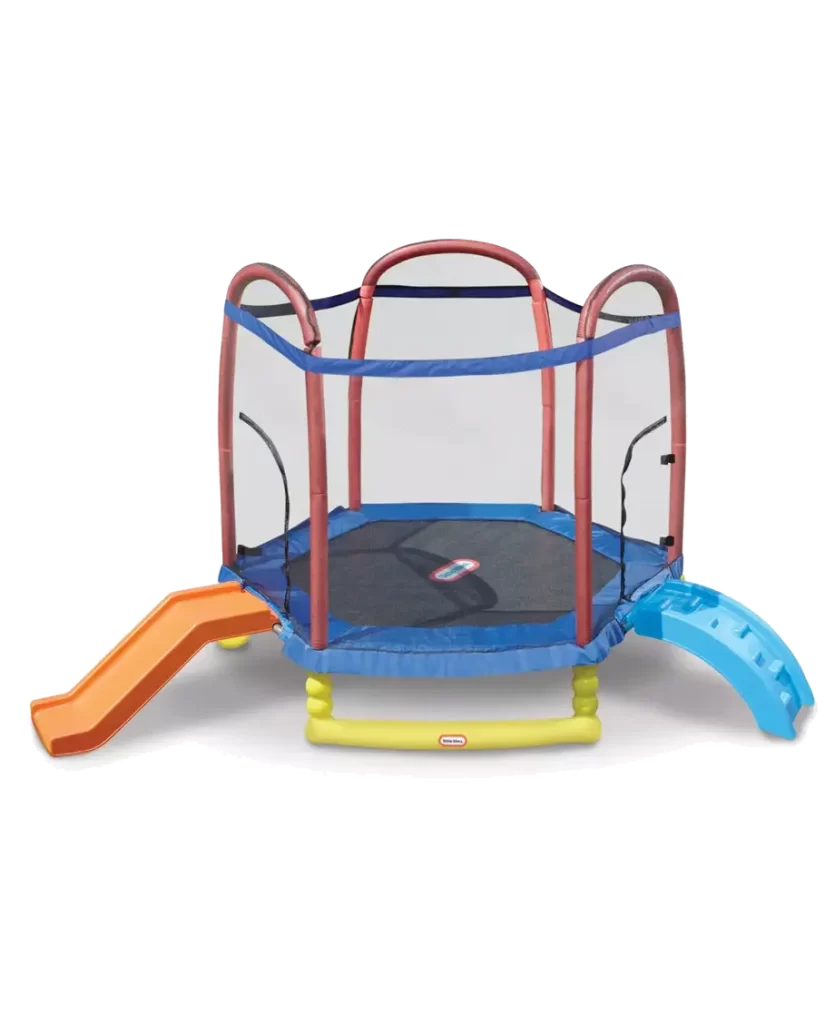 A Little Tikes 7ft Climb 'N Slide Trampoline featuring an orange slide, blue climbing steps, and a safety net enclosure, perfect for outdoor play.