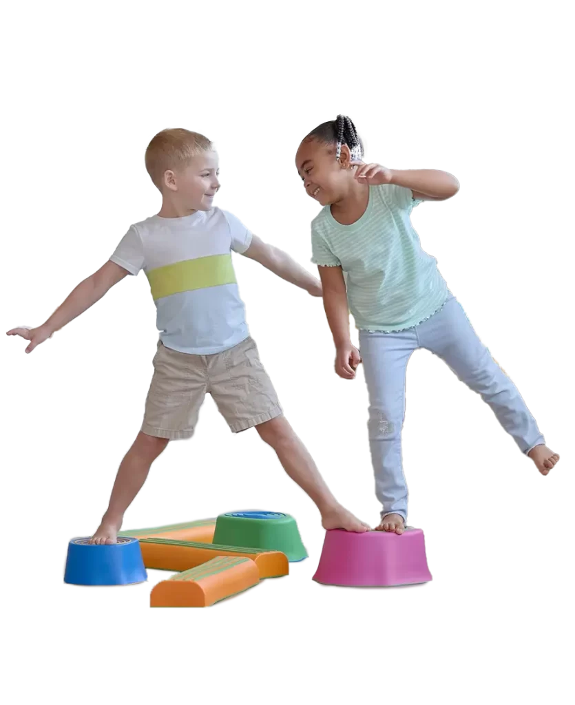 Colorful Step-a-Trail Balance Stepping Stones outdoor toy set with various shapes and textures for balance and coordination activities.