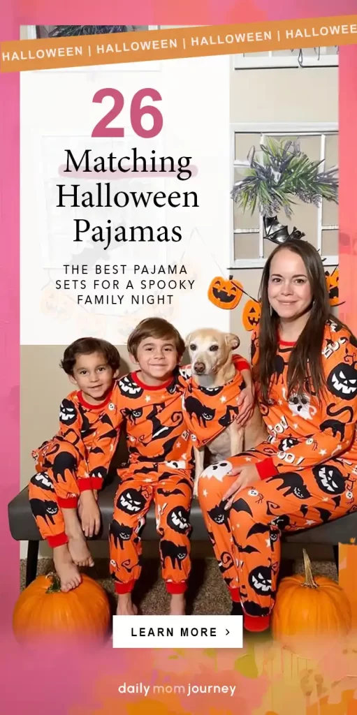 Family in matching Halloween pajamas with pumpkin designs, sitting with a dog and pumpkins, perfect for a spooky family night.