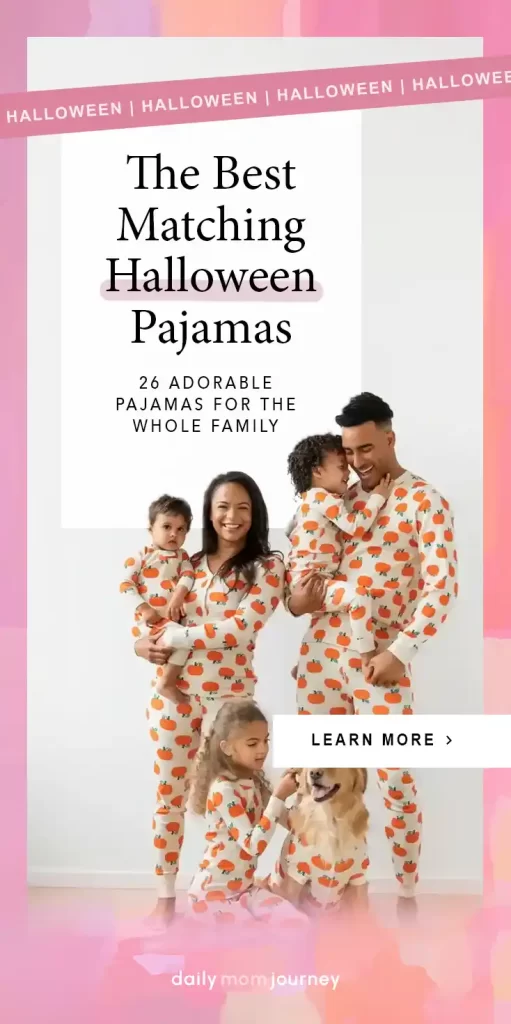 Family of four in matching Halloween pajamas with pumpkin patterns, smiling and holding their kids, ready for a cozy Halloween celebration.