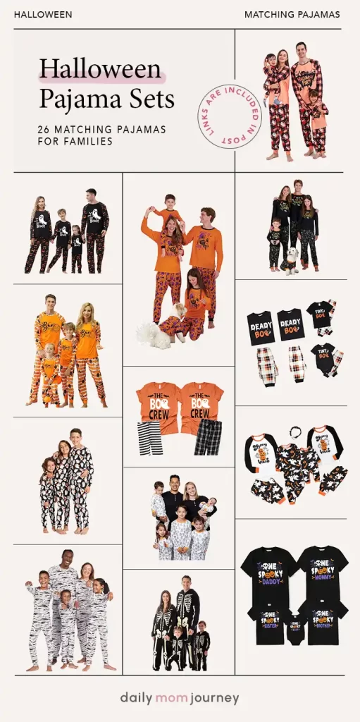 Compilation of various matching Halloween pajamas for families, featuring different designs like pumpkins, ghosts, and spooky themes, ideal for Halloween festivities.