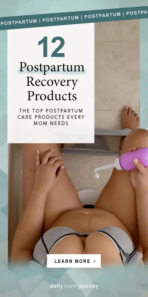 Top postpartum recovery products every new mom needs, including a peri bottle, nursing pads, and stool softener. This image showcases essential postpartum care items for vaginal birth recovery.