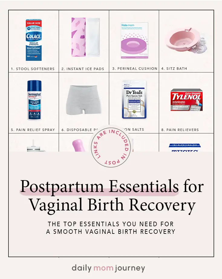 Graphic displaying essential postpartum products for vaginal birth recovery, including stool softeners, instant ice pads, perineal cushion, sitz bath, pain relief spray, disposable postpartum underwear, Epsom salts, pain relievers, and other items for a smooth recovery.