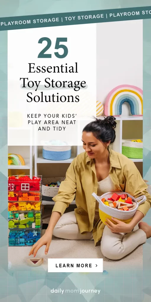 A mother sitting in a playroom, organizing toys into various colorful bins and baskets. The image highlights 25 essential toy storage solutions to keep the play area neat and tidy.