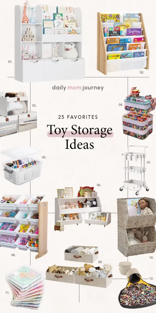 A collage showcasing 25 favorite toy storage ideas, including shelves, baskets, bins, and carts. The image highlights various practical and stylish solutions for organizing children's toys in a playroom.